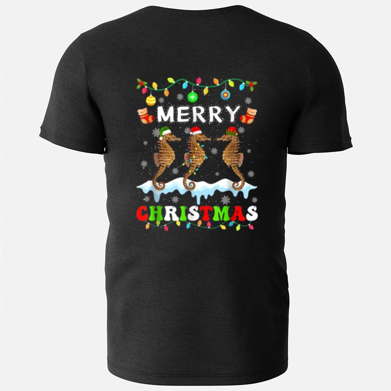 Merry Christmas Seahorse Santa Hat Lights Xmas Men Women T-Shirts