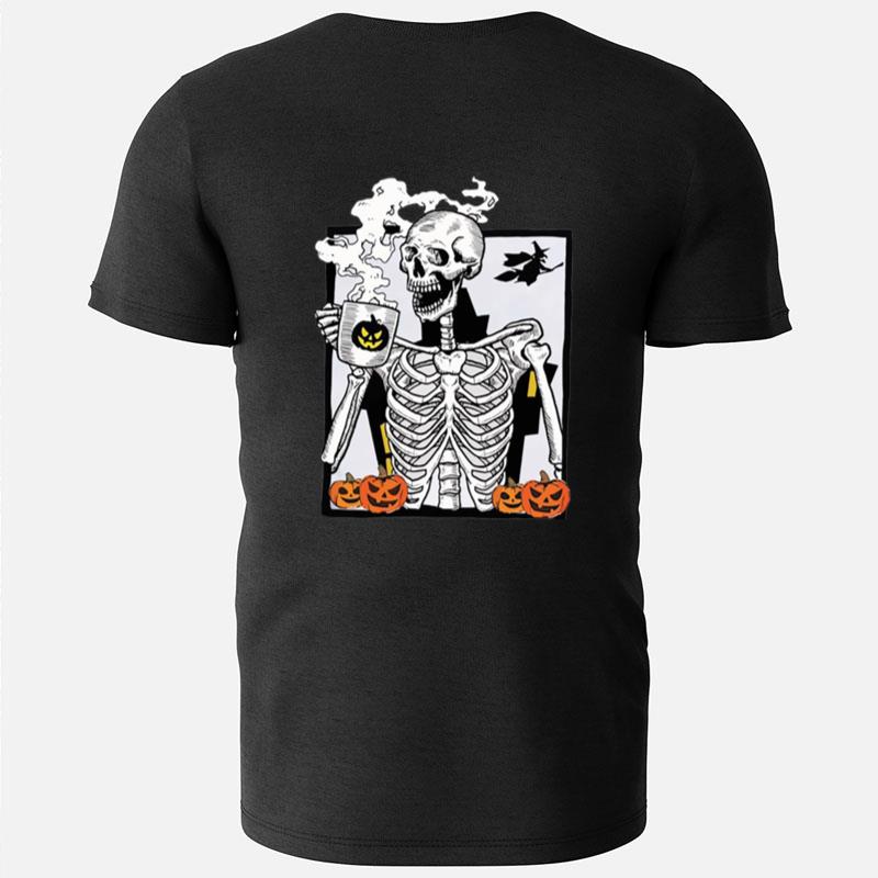 Skeleton Drinking Hot Coffee Pumpkin Halloween T-Shirts