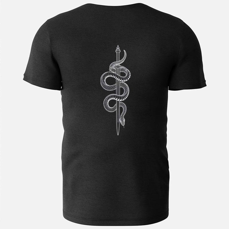 White Snake With Sword Motif Minimalist Style T-Shirts
