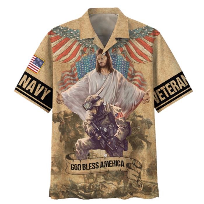 Navy Soldiers and Eagles God Bless America Veteran Hawaiian Shirt