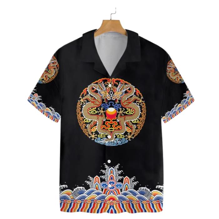 Symmetrical Chinoiserie Dragon Black Hawaiian Shirt